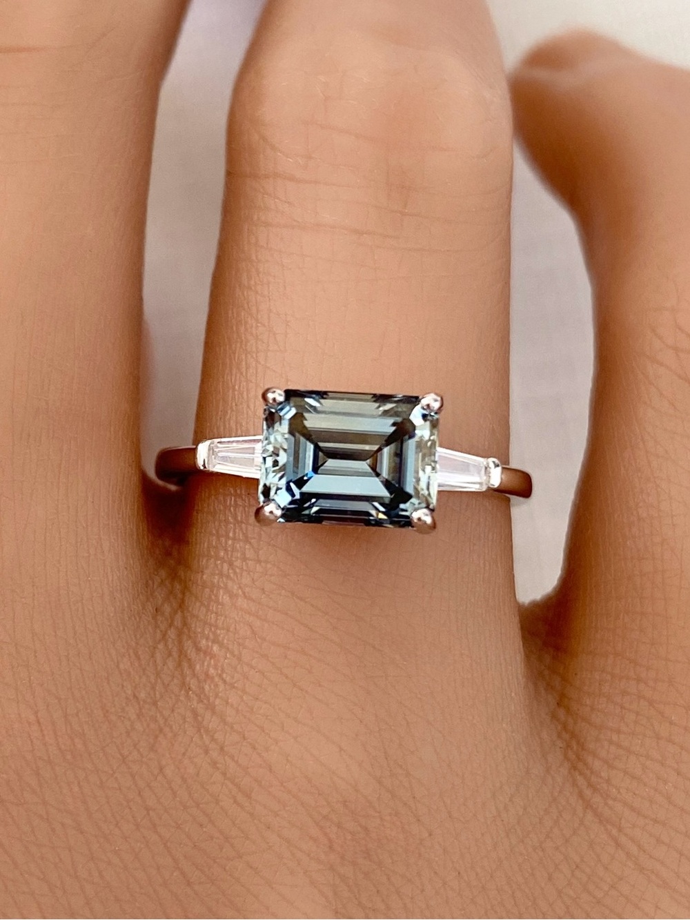 Emerald Cut Blue Gray Moissanite Diamond Sterling Silver Three Stone Ring